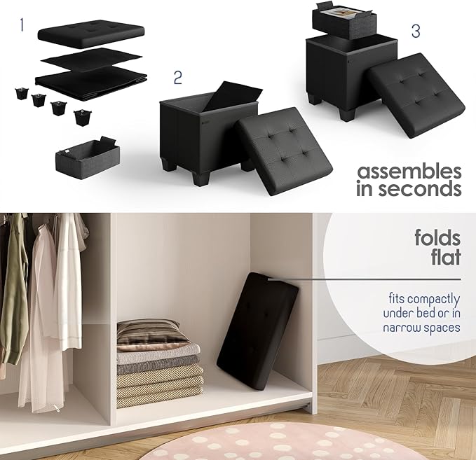Storage Ottoman Cube with Small Bin, 15-in Square Ottoman with Storage for Living Room and Bedroom, Small Ottomans Foot Rest, Faux Leather Foot Stools Ottomans Max 330lbs, Black