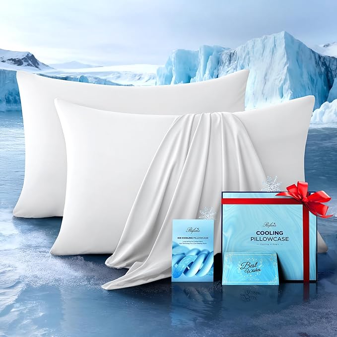 Ultra-Chill Cooling Pillowcase Set of 2 for Hot Sleepers, Softer Than Silk Pillow Cases for Protecting Hair & Skin, Breathable Bed Pillow Covers w/Zipper, Gifts for Women Men (White, Queen)