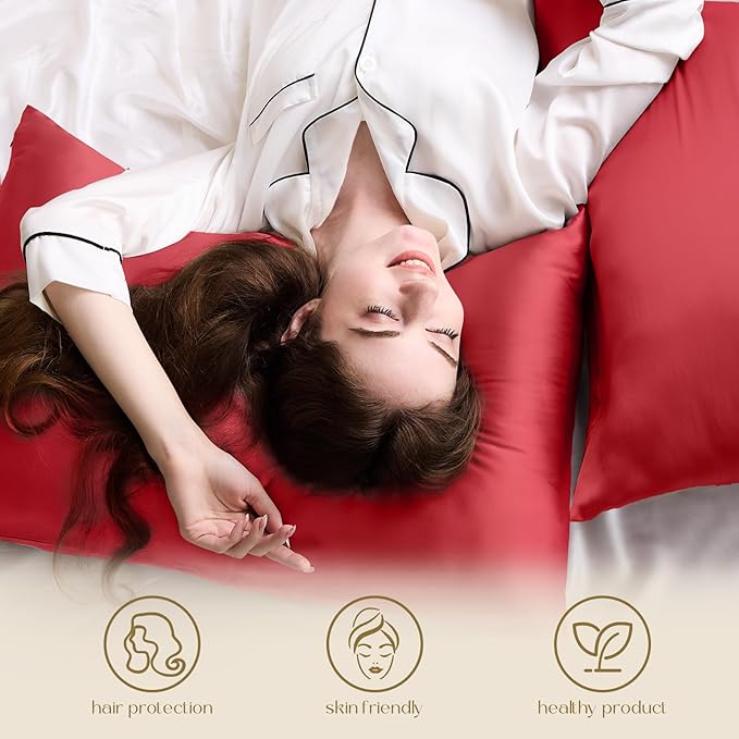 ZIMASILK 100% Pure Mulberry Silk Pillowcase for Hair and Skin Health,Soft and Smooth,Both Sides Premium Grade 6A Silk,600 Thread Count,with Hidden Zipper,1pc (King 20''x36'',Red)