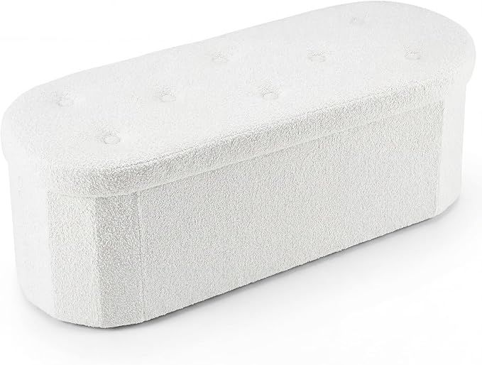 DUMOS Folding Storage Ottoman Bench, Oval Round Ottoman End of Bed Foot Rest Bench Stool with Cushion, Storage Chest for Bedroom, Living Room, Entryway, Dorm, Teddy Fabric, White