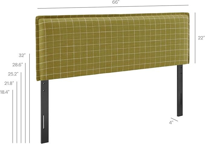 Modway Camille Queen Size Checkered Linen Blend Plaid Headboard with Removable Slipcover – in Artichoke Windowpane Check - Padded Pillow Style Headboard with Adjustable Mounting for Queen Beds