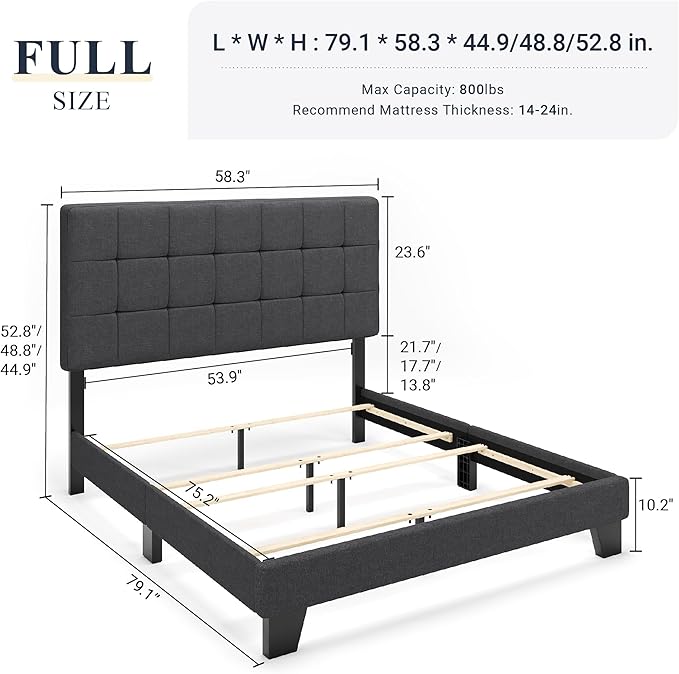 Allewie Full Size Panel Bed Frame with Adjustable Headboard for High Profile/Fabric Upholstered/Square Stitched Padded Headboard/Box Spring or Bunkie Board Required/Dark Grey