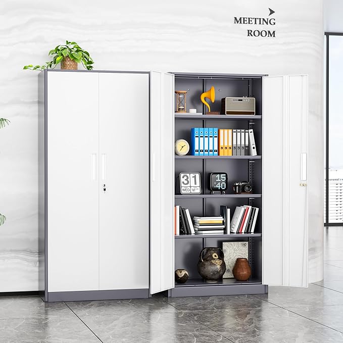 INTERGREAT Storage Cabinets with Doors and Shelves, 72“ Steel Tool Locking Cabinet, Metal Storage Cabinet for Home Office, Warehouse, School, Grey White