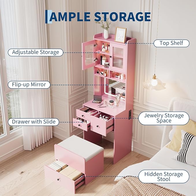 Garvee 3 in 1 Vanity Desk with LED Light, Tall Makeup Vanity Set with 2 AC Outlets & USB-c, Dressing Table with Drawers & Acrylic Doors, Nightstand Vanity Mirror, Jewelry Box, Cushioned Chair, Pink