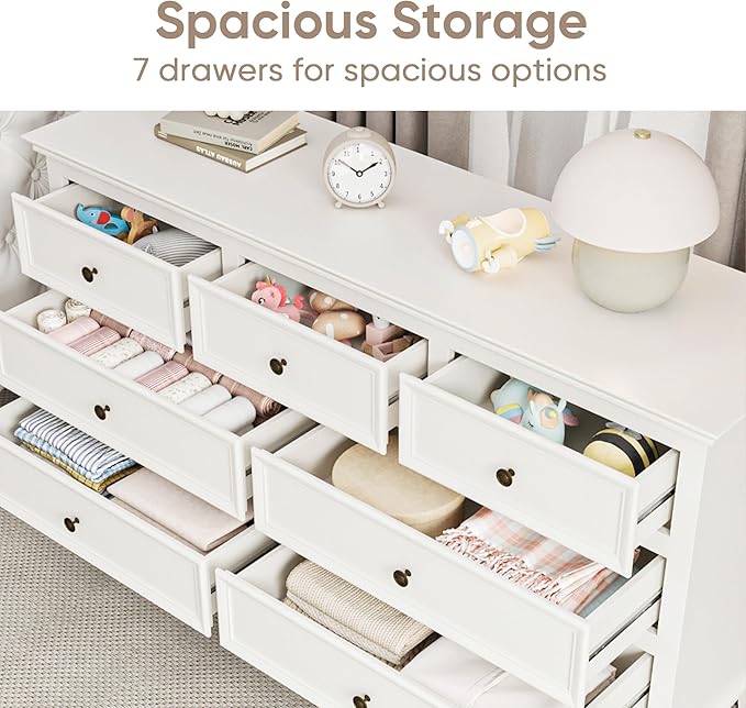 May in Color White 7 Drawer Dresser Set of 2 for Bedroom, Modern Chest of Drawers with Painted Finish, Wooden Storage Closet Cabinet Organizer for Living Room, Nursery, Hallway