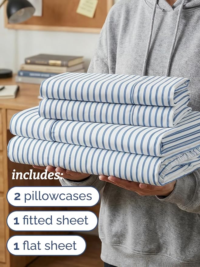 Twin XL 4 Piece Sheet Set - Comfy, Breathable & Cooling - Soft Hotel Luxury Bedding for Women, Men, Kids, Teens & Children - 1 Flat & 1 Fitted Sheet & 2 Pillowcases w/ Deep Pockets - Blue Stripes 2