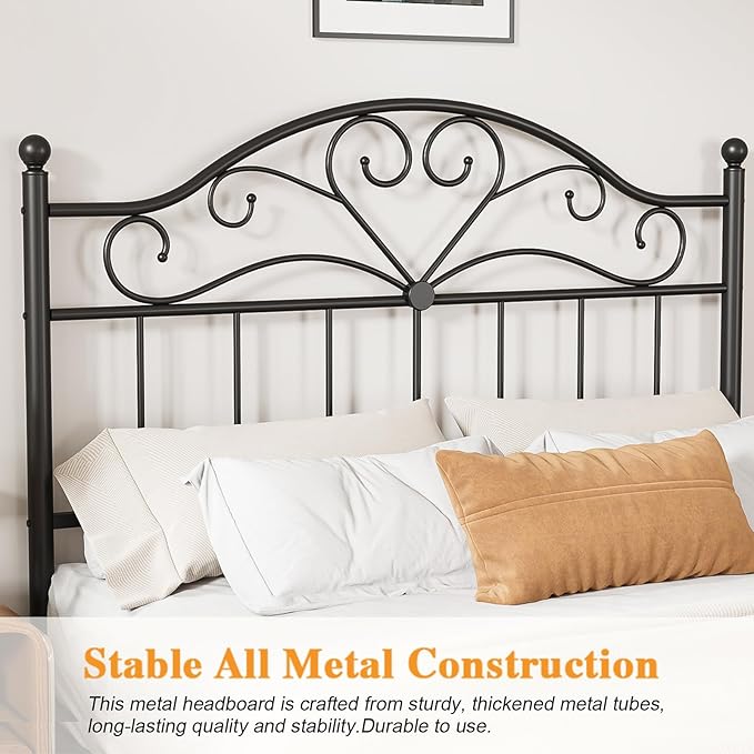 Merronix Vintage Headboard for Queen Size Bed Frame, Metal Headboard Only Queen Size Freestanding Headboard with Universal Adapters, Height Adjustable, Easy Assembly, Black