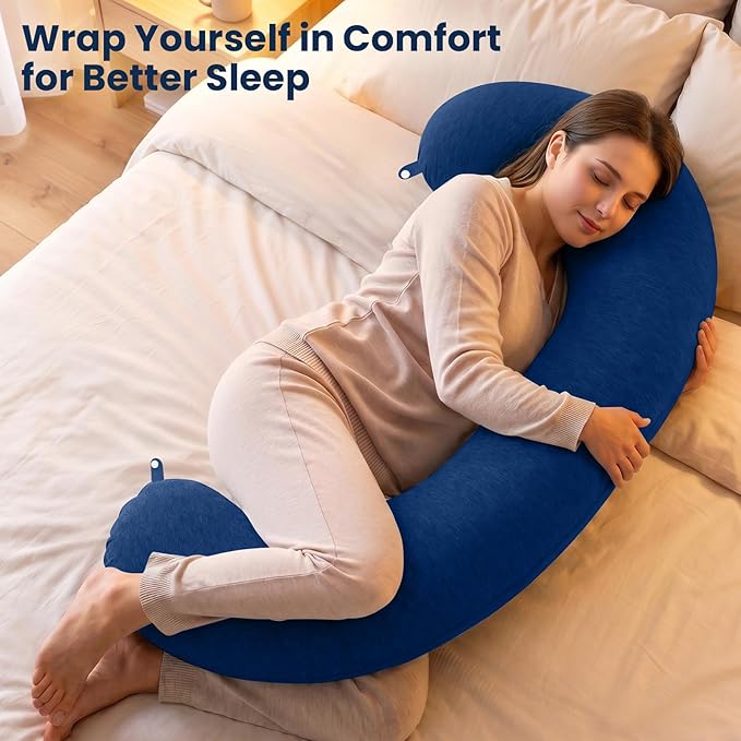 TranquilRelax C Shaped Body Pillow for Side Sleepers, Memory Foam Long Pillow for Leg, Hip & Back Support, Soft Washable Cover,Navy Blue-35"*10"