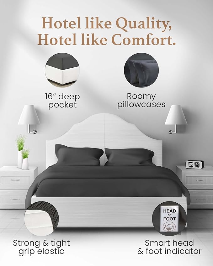 Good Sleep Bedding Twin XL Sheets College Dorm - 100% Egyptian Cotton Twin XL Sheet Sets, 4Pc, Twin XL Bed Sheets, Luxury Sateen Weave Sheets, 16" Deep Pocket - Dark Grey Sheets