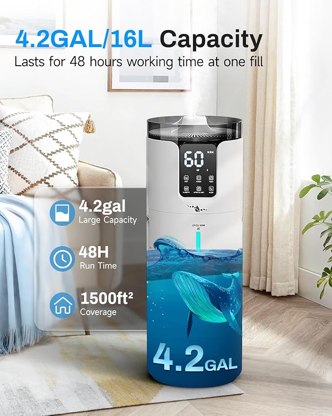 Lacidoll 16L Smart Humidifier large room, Whole house Humidifier for Home 1500 sq.ft with APP/Voice/Remote Control, Ultrasonic Cool Mist Humidifiers for Bedroom, Plants, office with Tube, White