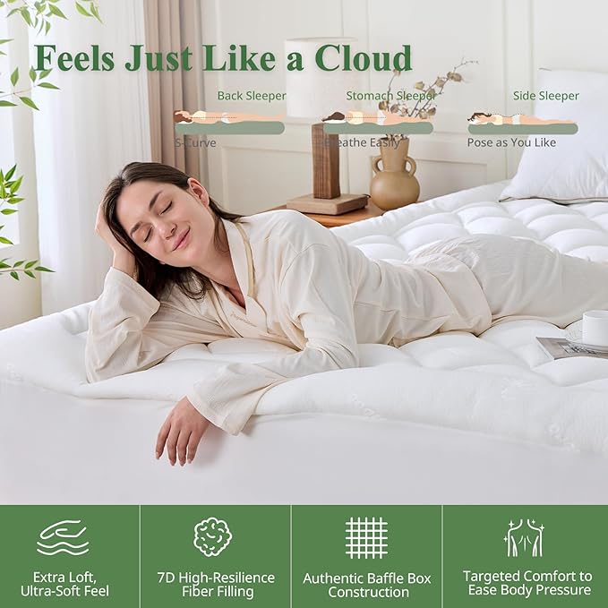 Twin XL Mattress Topper, Viscose Derived from Bamboo Thick Pillow Top Mattress Pad with Deep Pocket, Naturally Cooling for Hot Sleepers, Soft for Back Pain Relief, White