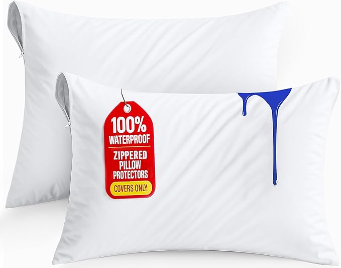Set of 2 Pillow Protectors with Zipper Queen Size, Bed Bug and Dust Mite Proof Pillow Covers, Ultra Soft Pillow Encasements, Moisture Wicking and Waterproof Pillow Cases by Utopia Bedding (White)