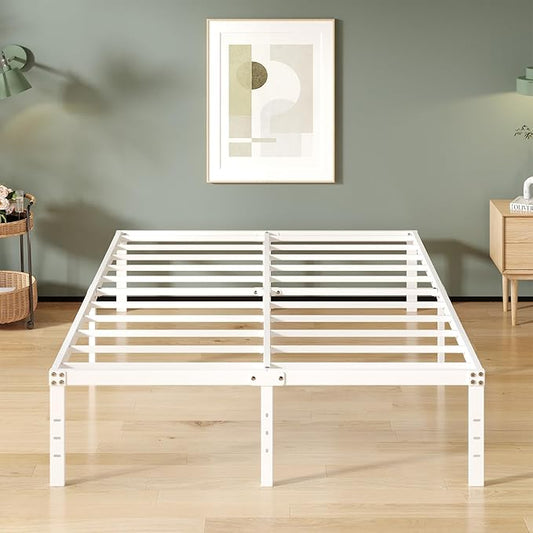 Upcanso 16 Inch White Full Size Bed Frame No Box Spring Need, Metal Platform Full Bed Frames with High Storage, Eassy Assembly 3,500 lbs Heavy Duty Bedframes