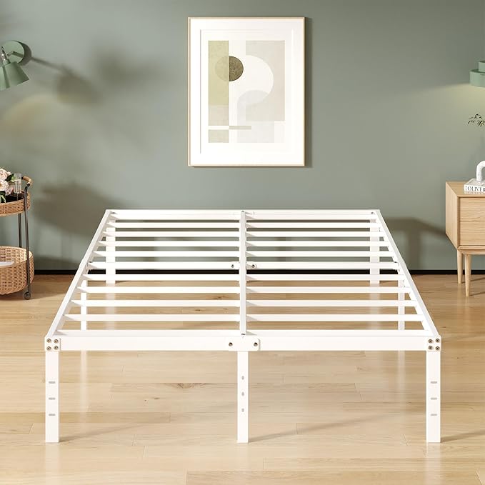 Upcanso 16 Inch White Queen Bed Frame No Box Spring Required, Metal Platform Queen Size Bed Frames with High Storage, Eassy Assembly 3,500 lbs Heavy Duty Bedframes