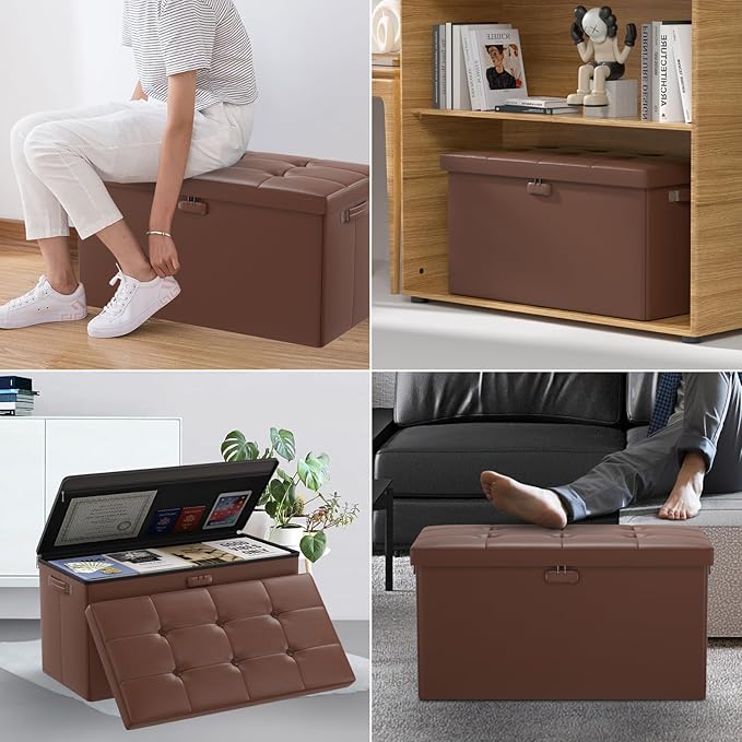 DocSafe Storage Ottoman Bench with Lock,Fireproof 30 Inches Folding Bench Foot Rest Stool Storage Chest Safe for Living Room,Bedroom,Home Office,Waterproof Leather Ottoman with Handles,Brown