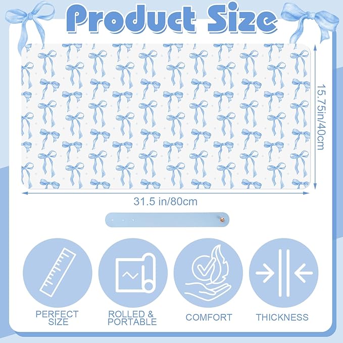 Teenyyou Coquette Bow Makeup Mat for Vanity Top Protector Graduation Gift Dual Side Leather Desk Mouse Pad Girly Waterproof Nonstick Dressing Accessories for Women Home Office(Blue,15.7"x31.5")