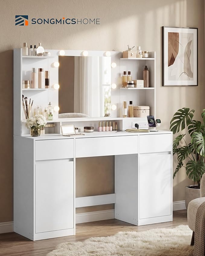 SONGMICS HOME Vanity Desk with Mirror and Lights, Makeup Vanity Table with Power Outlets, Dressing Table with Cabinets and Drawers for Bedroom, White
