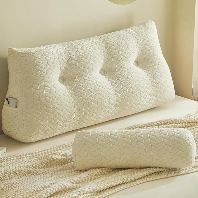 YOUR MOON Wedge Headboard Pillow Twin Size, Triangular Wedge Backrest Pillow with 1 Pack Neck Roll Pillows, Headboard Pillow for Bed,Daybed,and Lounging, Large Bed Bolster Pillows,Off White