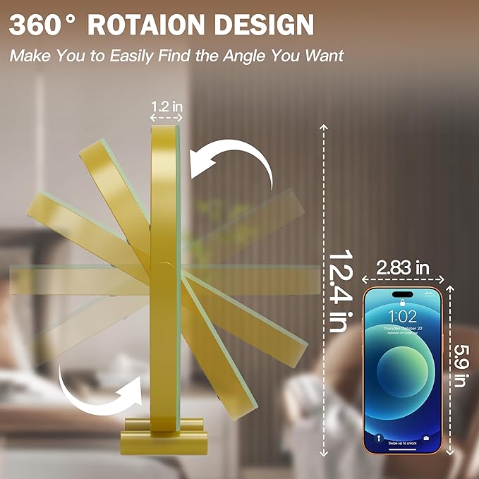 ROLOVE Aesthetic Gold Vanity Mirror with Soft Lights, 12 Inch Standard 1X View, 3-Color Dimmable Tabletop Mirror for Bedroom Decor, 360° Rotation Ambient Light up Mirror
