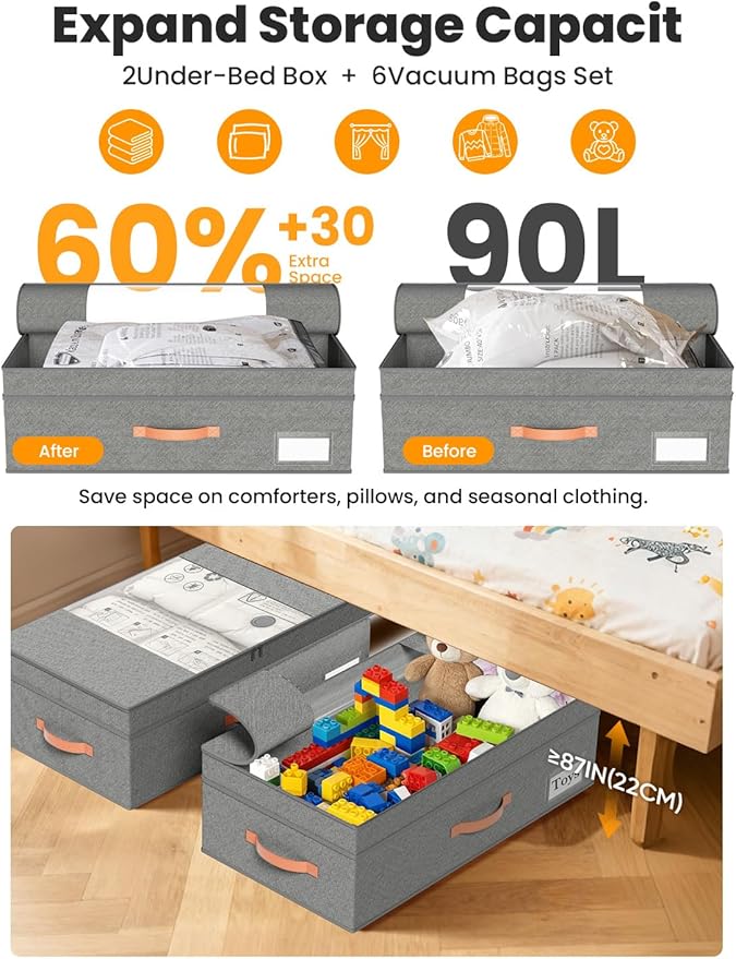 TOSKING 2-Pack Under Bed Storage Drawers with Wheels, 6 Vacuum Bags, Adjustable Height 7.9-10.2", Large 90L/80 lbs Clear Lid, 900D Oxford, Space Saver for Dorm Bedroom, Blankets, Clothes, Shoes, Gray
