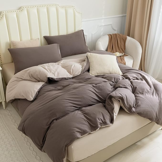 PURE ERA Jersey Knit Duvet Cover Set 100% T-Shirt Cotton Super Soft Comfy 3pc Bedding Set with Zipper Closure (Solid Brown/Dark Beige, King)