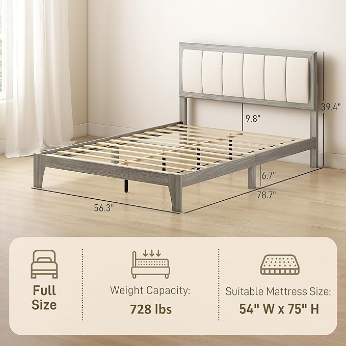 HOMCOM Full Size Bed Frame with Upholstered Headboard, Platform Bed Frame with Wooden Slats, No Box Spring Needed, Easy Assembly, Gray