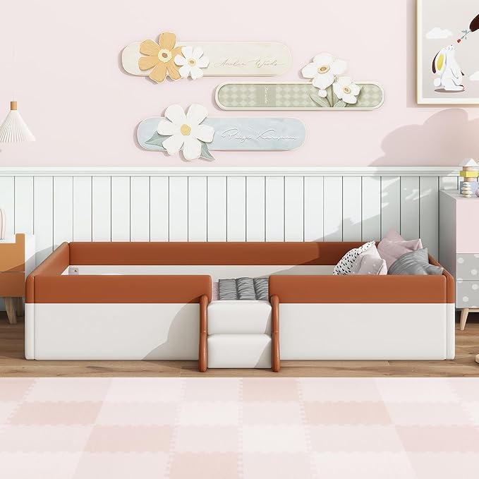 Merax Twin Size Kids Floor Bed, Upholstered Kids Daybed Frame with Fence and Stairs, Wood Bed for Living Room, White+Brown