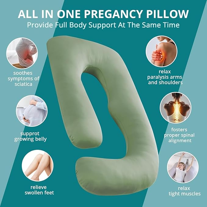 Sasttie Pregnancy Pillows for Sleeping, Jumbo U Shaped Cooling Full Body Pillow with Removable Cover, Pregnant Women Must Haves, Maternity Essential, Green