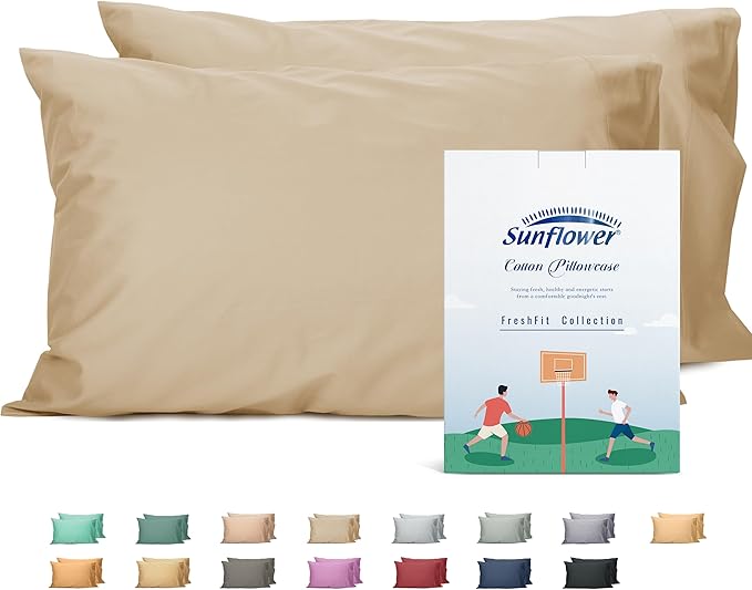 Sunflower Queen Pillowcases Set of 2, 100% Cotton Queen Size Pillow Cases 2, 20×30 inches Sandshell, Soft and Breathable