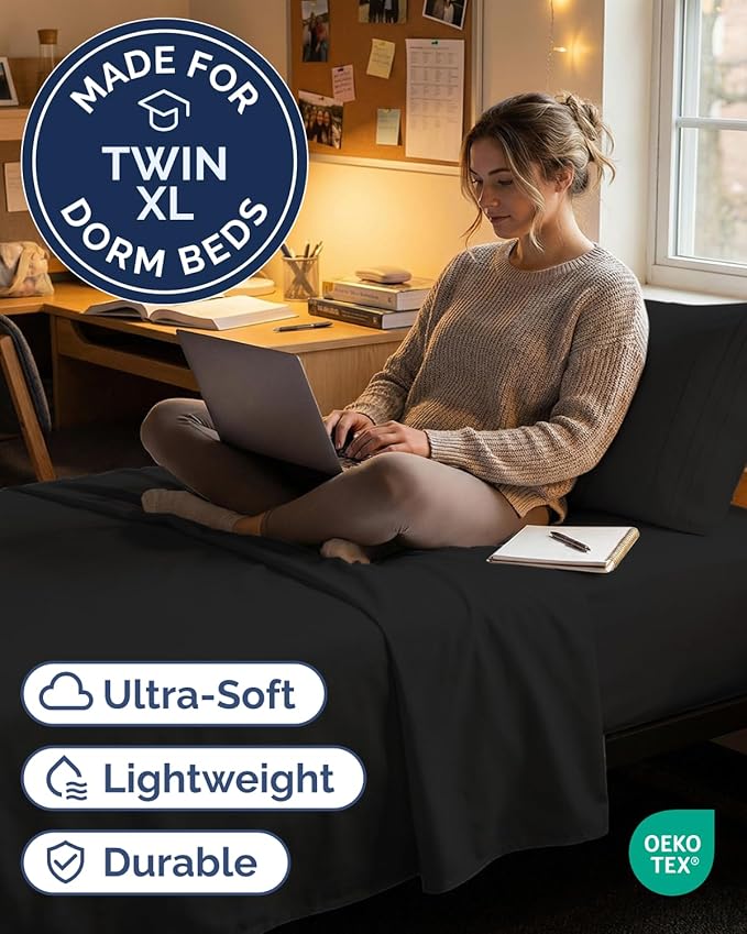 Twin XL Size 3 Piece Sheet Set - Comfy Breathable & Cooling Sheets - Hotel Luxury Bed Sheets for Women & Men - Deep Pockets, Easy-Fit, Extra Soft & Wrinkle Free Sheets - Black Oeko-Tex Bed Sheet Set