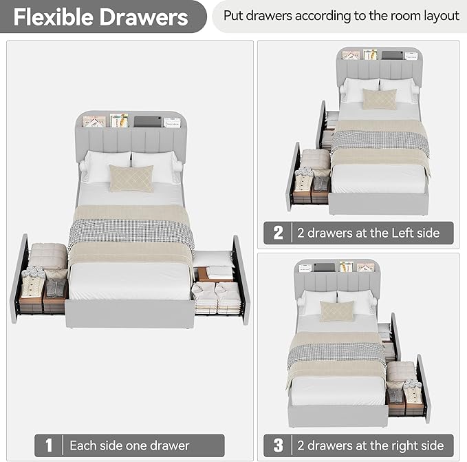 Garvee Twin Size Bed Frame with 2 Flexible Drawers, Boucle Upholstered Platform Bed Frame with Bookcase Headboard, Bedframe for Kids/Girls/Boys, Easy Assembly, No Box Spring Needed, Noise Free, Grey