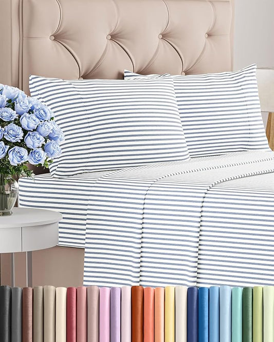 Twin 4 Piece Sheet Set - Comfy, Breathable & Cooling - Soft Hotel Luxury Bedding for Women, Men, Kids, Teens and Children - 1 Flat & 1 Fitted Sheet & 2 Pillowcases with Deep Pockets - Blue Stripes 2