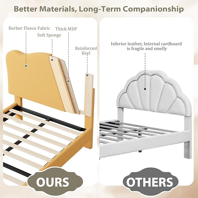 GarveeHome Upholstered Twin Size Bed Frame for Kids with Scallop Headboard, Cute Velvet Twin Bed for Girls, Boys, Sturdy Platform Bed, No Box Spring Needed, Wooden Slats, Noise Free, Yellow