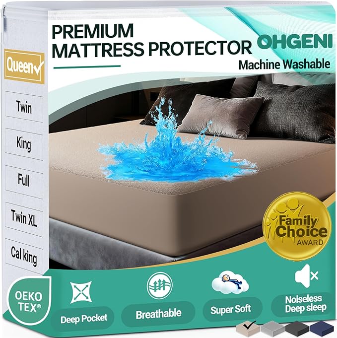OhGeni 100% Waterproof Mattress Protector, Queen Size Brown, Fitted Sheet with Deep Pockets, 6''-18'', Premium Noiseless Breathable Soft Material, Mattresses Cover for Bed