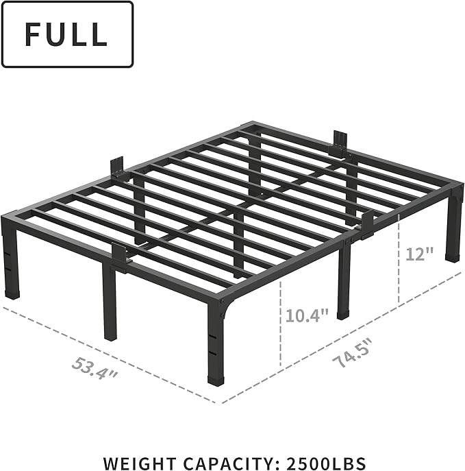 MAF 12 Inch Full Size Bed Frame with Mattress Slide Stopper Black Heavy Duty Metal Platform Bed Frames Steel Slat Support, No Box Spring Needed, Noise Free, Easy Assembly