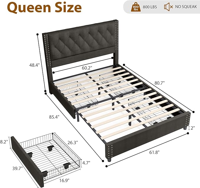 EVLIQUIL Bed Frame Queen Size with 4 Storage Drawers, Upholstered Headboard & Frame, Sturdy Metal Frame & Wood Slats, Platform Bed Frame No Box Spring Needed, Easy Assembly, Black