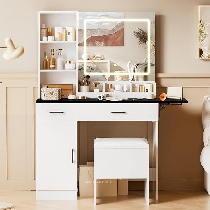 KAMABOKO Vanity Desk with Mirror, LED Lights and Power Outlet, Makeup Vanity Table with Cabinet and 2 Drawers, Dressing Table with Stools for Bedroom (Black)
