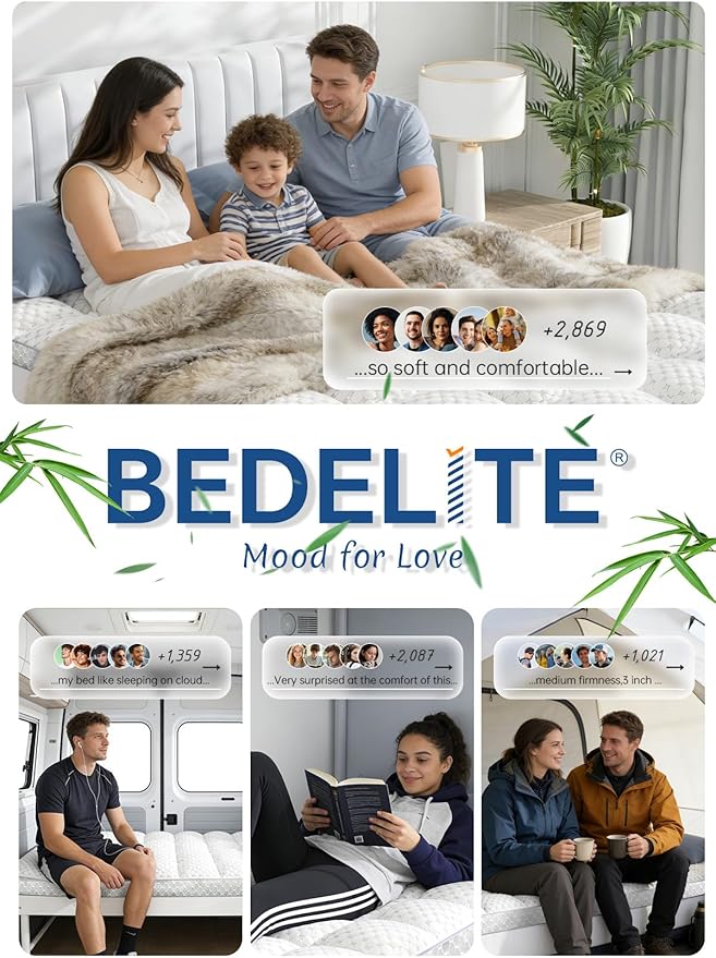 BEDELITE King Mattress Topper 3 Inch Thick Mattress Pad, Plush Pillow Top Bed Cover with Elastic Deep Pockets Up to 6-24 Inch for Pressure Relief, Shredded Memory Foam Filling (White)
