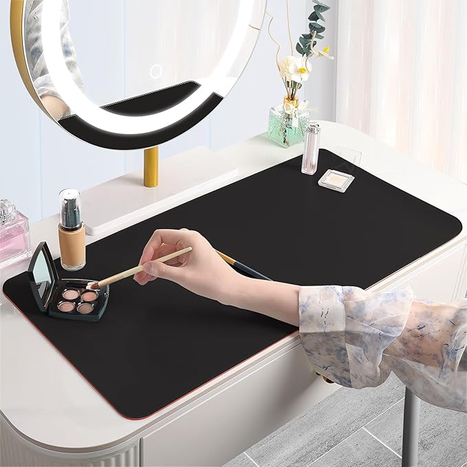 Makeup Mat for Vanity to Protect Desk Top 31.5 x 15.7 in, Dual-Sided Makeup Mat, Easy to Clean Desk Pad - Waterproof and Oilproof Vanity Accessories (Black and Red)
