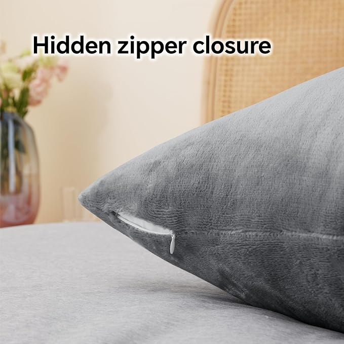 BEDELITE Flannel Pillowcases Standard Set of 2, Super Soft Fleece Pillow Case Cover with Zipper for Bedroom, Sofa, Couch,Luxury Cozy Fuzzy Velvet Pillow Shams for All Seasons(20x26 Inches, Gray)