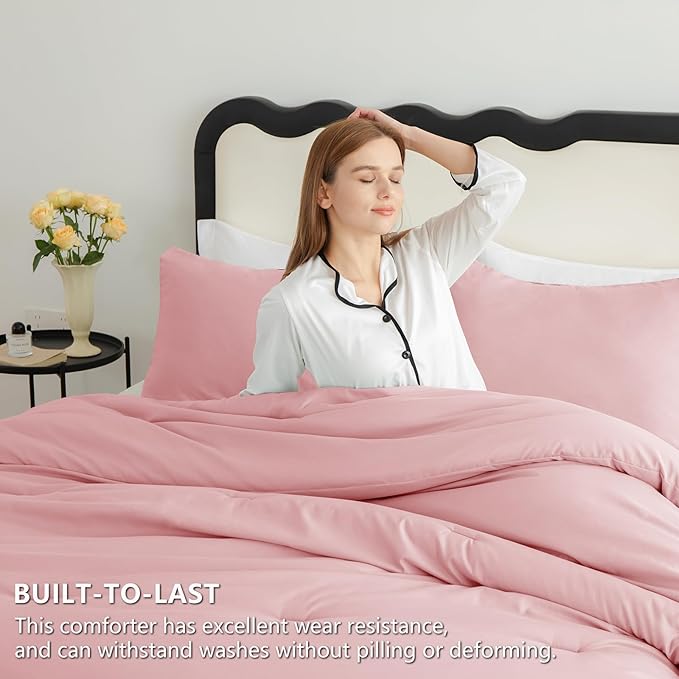 CozyLux Full Size Comforter Set Pink, 3 Pieces Solid Breathable Quilted Bedding Sets, Luxury Lightweight Soft Bed Set with Down Alternative Comforter and 2 Pillowcases for All Seasons