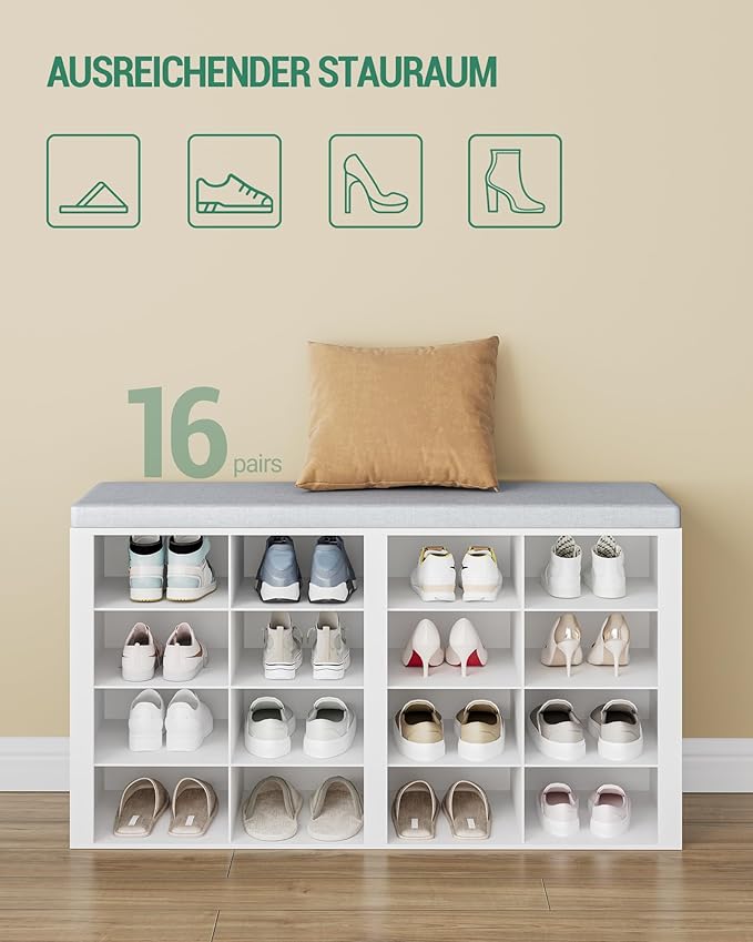 Hzuaneri Shoe Bench with Cushion, Entryway Storage Bench with 16 Cubbies, Cubby Shoe Rack with Adjustable Shelves, Shoe Organizer Cabinet for Living Room, Bedroom, Entryway, White SB25603GY