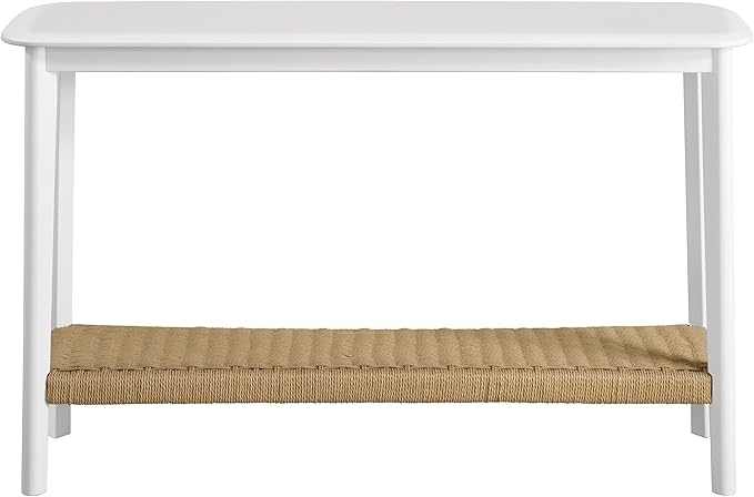 Alaterre Furniture Calais 48 Inch Wooden Console Table with Woven Storage Shelf – Mid Century Modern 2-Tier Entryway or Sofa Table for Living Room, Hallway, or Foyer (White)