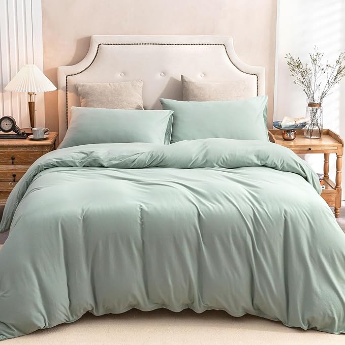 PURE ERA Jersey Knit Duvet Cover Set 100% T-Shirt Cotton Super Soft Comfy 3pc Bedding Set with Zipper Closure (Solid Sage Green, Queen)