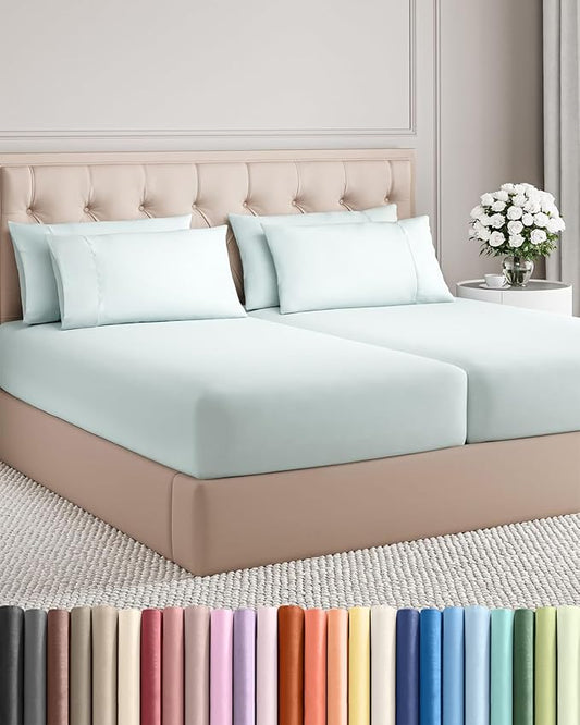 Split King 7 Piece Sheet Set - Comfy, Breathable & Cooling - Soft Hotel Luxury Bedding for Women, Men, Kids, Teens and Children - 1 Flat & 2 Fitted Sheets & 4 Pillowcases with Deep Pockets - Ice Blue