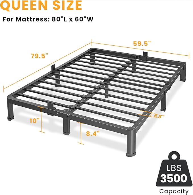 Superay 10 Inch Queen Size Metal Platform Bed Frame with Round Corners, Storage Space Under High Bed Frame-Heavy Duty Steel Slats Support, Noise Free - Easy Assembly - No Box Spring Needed