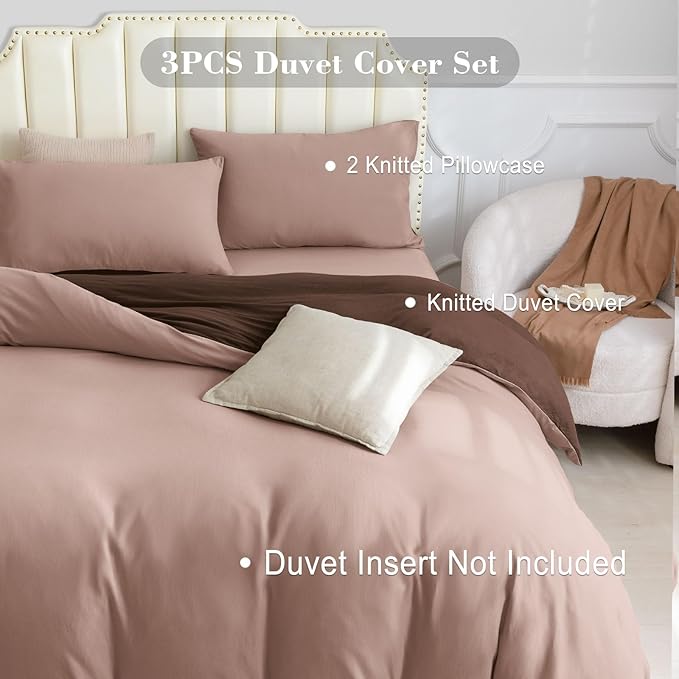 PURE ERA Jersey Knit Duvet Cover Set 100% T-Shirt Cotton Super Soft Comfy 3pc Bedding Set with Zipper Closure (Petal Pink/Dark Brown, King, 104'' x 90'')