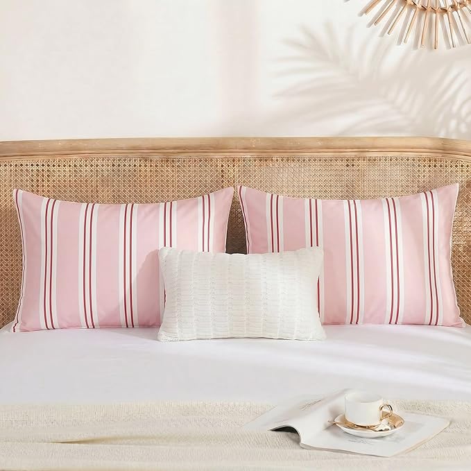 Merryword Standard Size Pillowcases, 100% Cotton Pillow Cases, Pink Striped Pillowcases, Soft Breathable Ribbon Stripe Pillow Covers, Set of 2