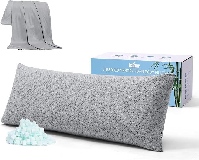 Rainmr Thick Memory Foam Body Pillow - Full Body Pillows for Side Sleeper - with Grey Cooling Pillowcase 20 x 54 inches