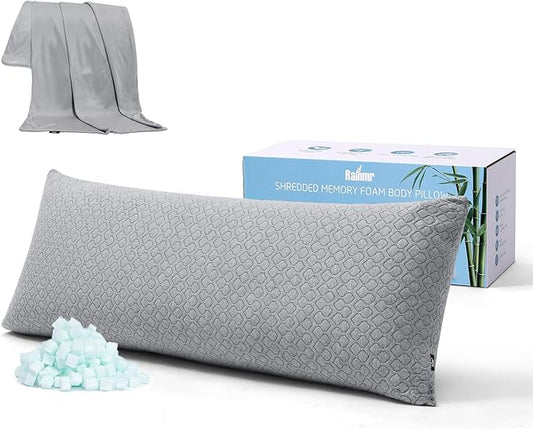 Rainmr Thick Memory Foam Body Pillow - Full Body Pillows for Side Sleeper - with Grey Cooling Pillowcase 20 x 54 inches